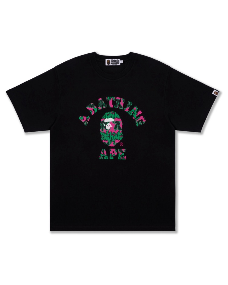 T Shirts Bape Graffiti Pattern College Noir Homme | EHC-69335022